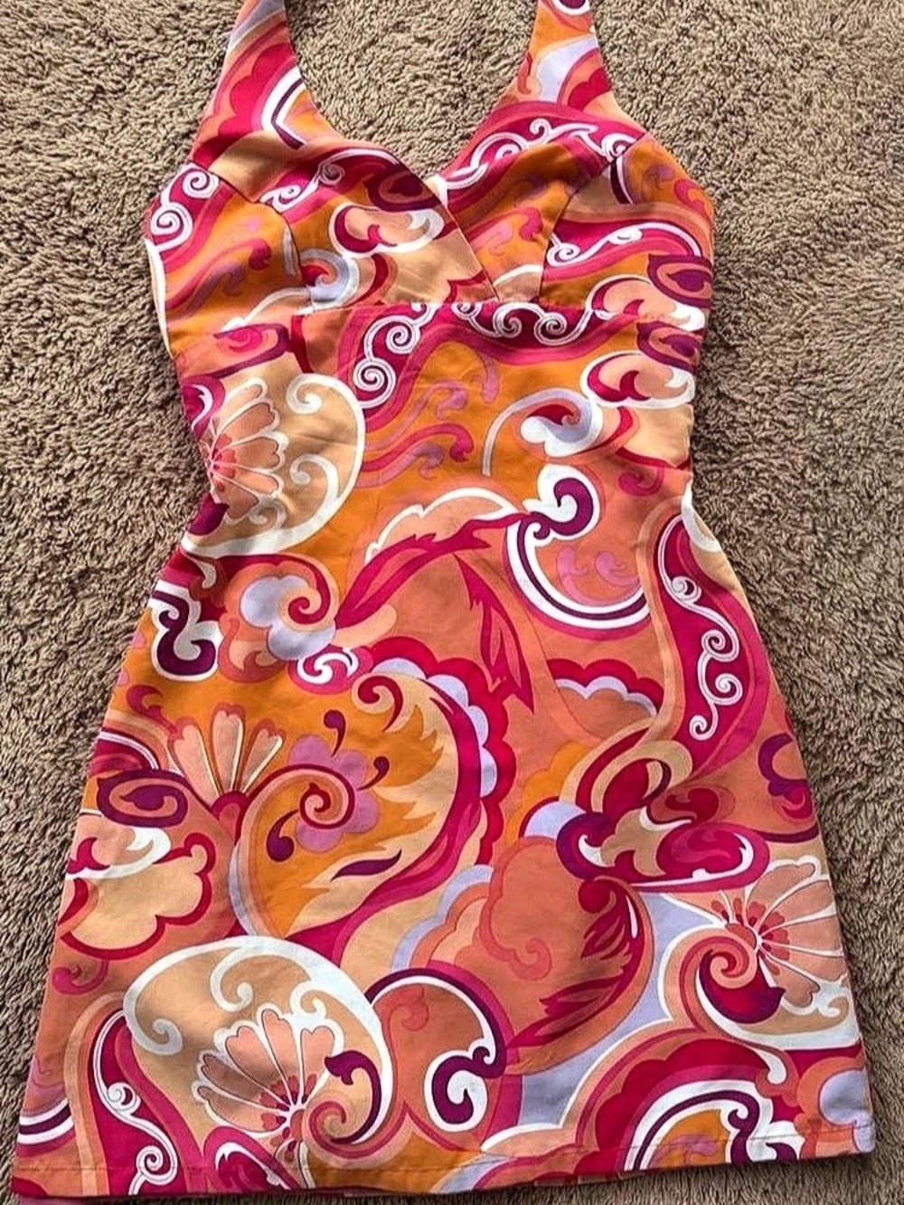 Reversible Paisley Halter Mini Dress in Pink & Orange Size Small